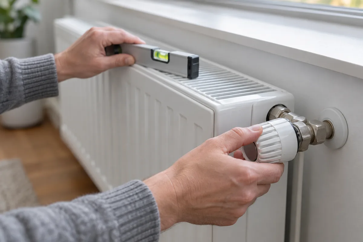 Mains réglant le robinet thermostatique d'un radiateur