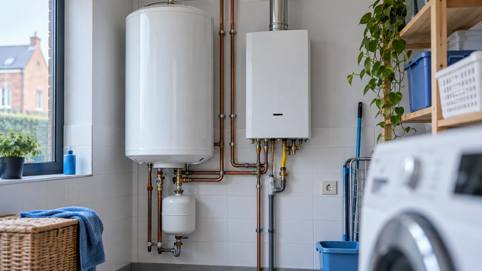 Chauffe-eau électrique et chauffe-eau instantané au gaz dans une buanderie