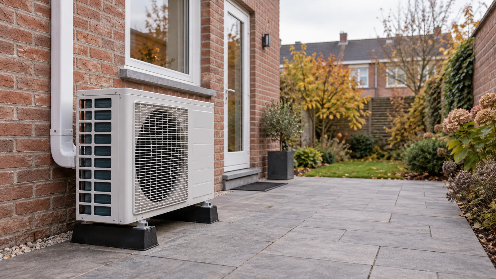 Unité extérieure de climatisation au pied d'une façade arrière