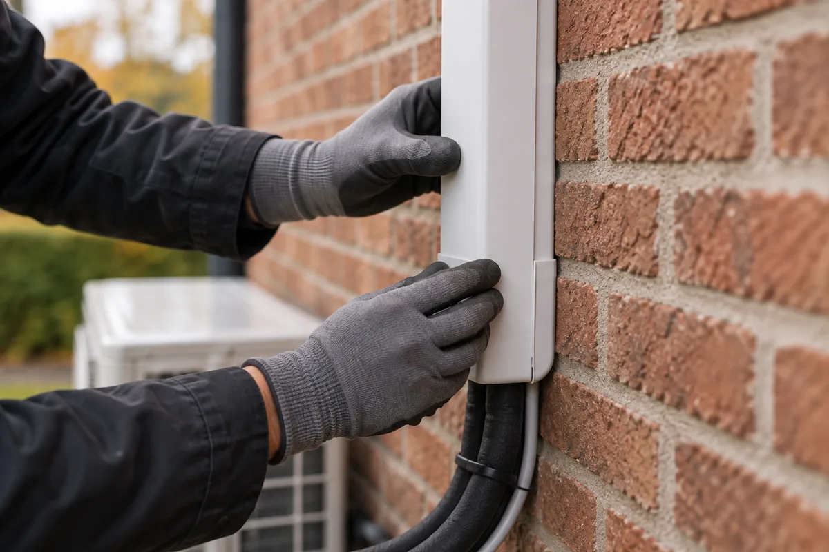 Mains clipsant le couvercle d'une goulotte frigorifique murale