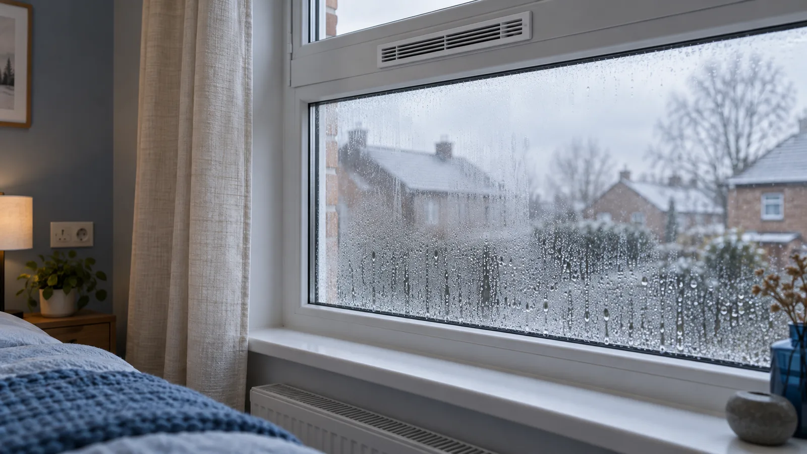 Fenêtre de chambre couverte de buée en hiver, grille d'aération au-dessus