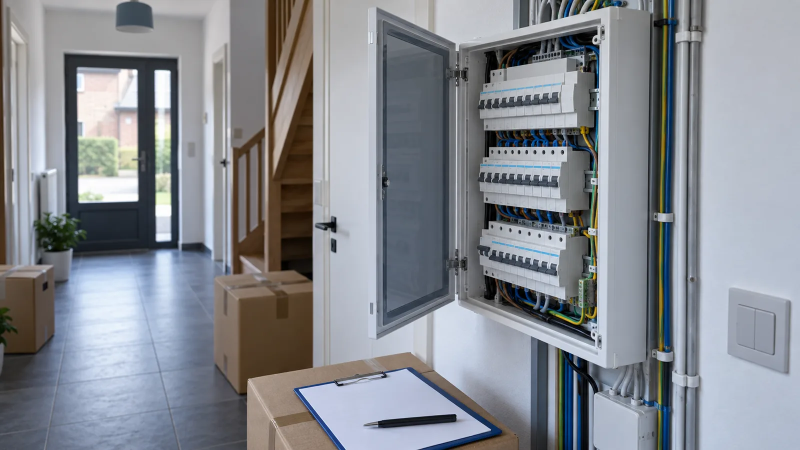 Tableau électrique ouvert dans le couloir d'une maison en vente