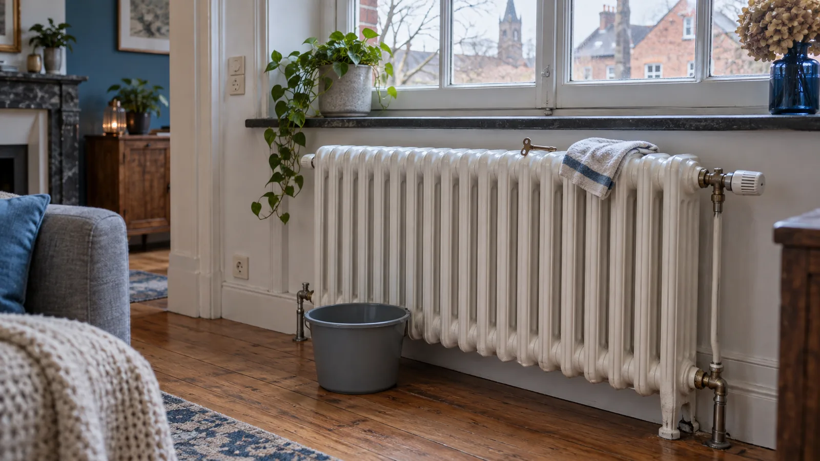Radiateur en fonte dans le salon d'une maison ancienne, clé de purge posée dessus