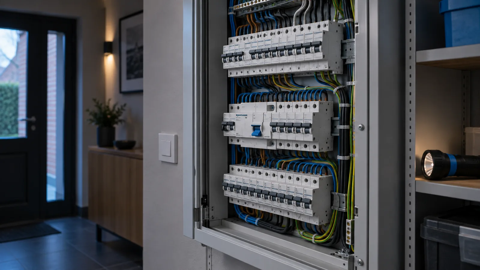 Tableau électrique ouvert, interrupteur différentiel déclenché