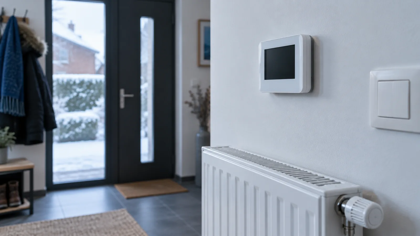 Thermostat d'ambiance au mur d'un hall d'entrée, radiateur en dessous