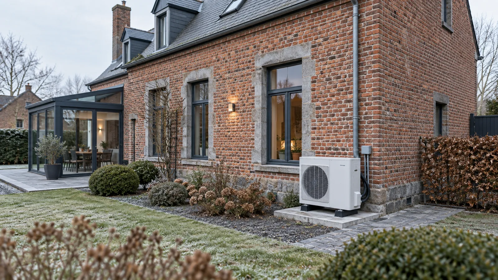 Maison ancienne en briques avec une pompe à chaleur au pied de la façade