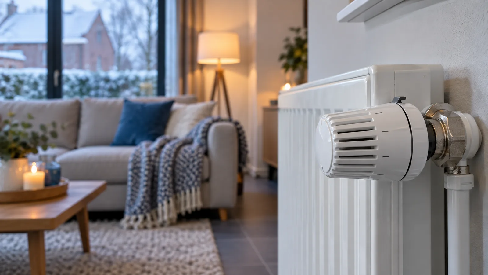 Tête thermostatique d'un radiateur dans un salon