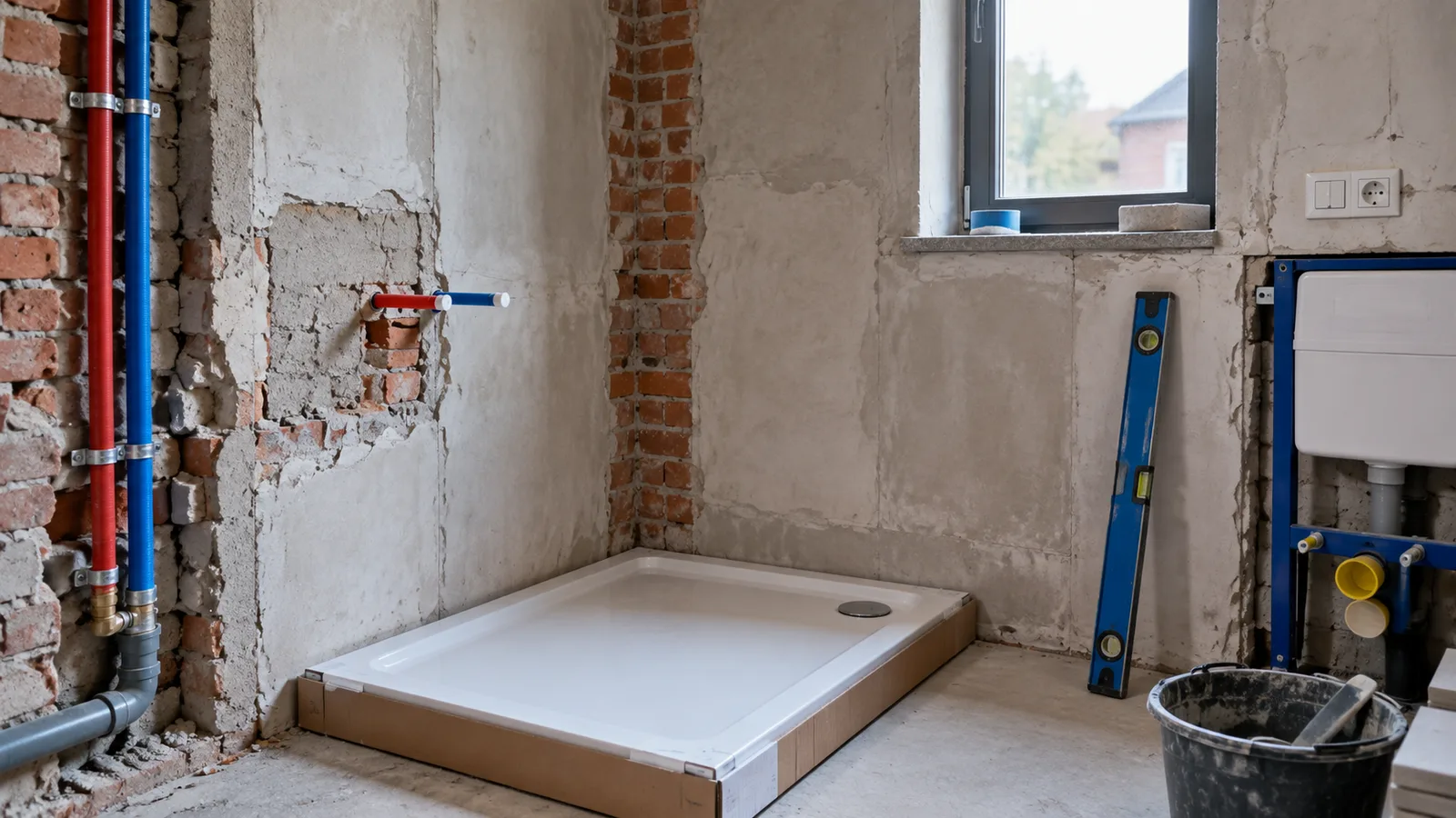 Salle de bain en rénovation, tuyaux en attente et receveur de douche neuf