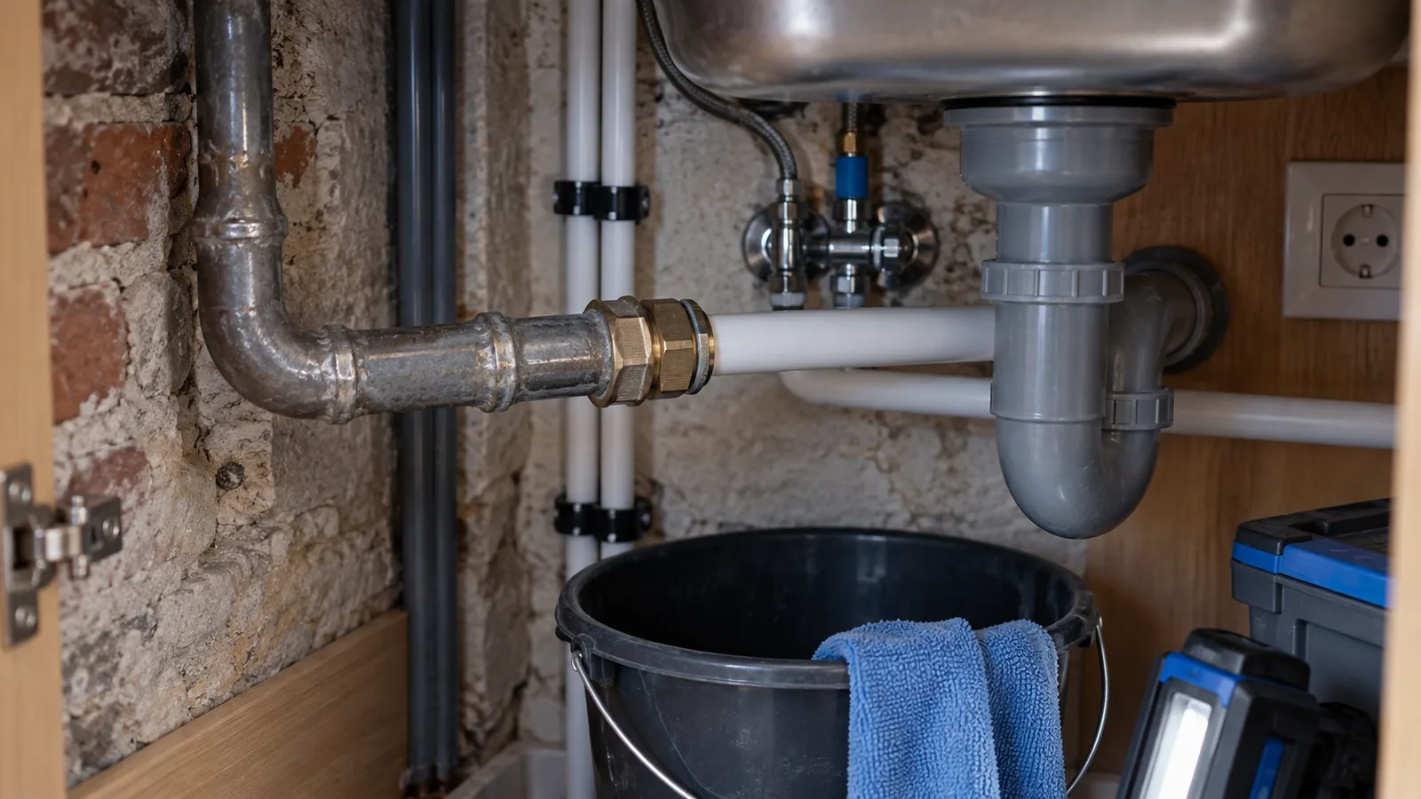 Ancienne canalisation en plomb raccordée à un tuyau neuf sous un évier