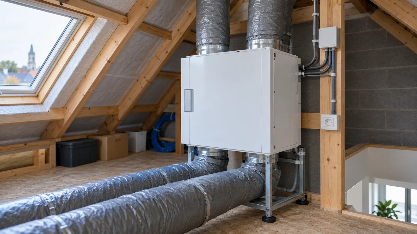 Groupe de ventilation double flux installé dans des combles